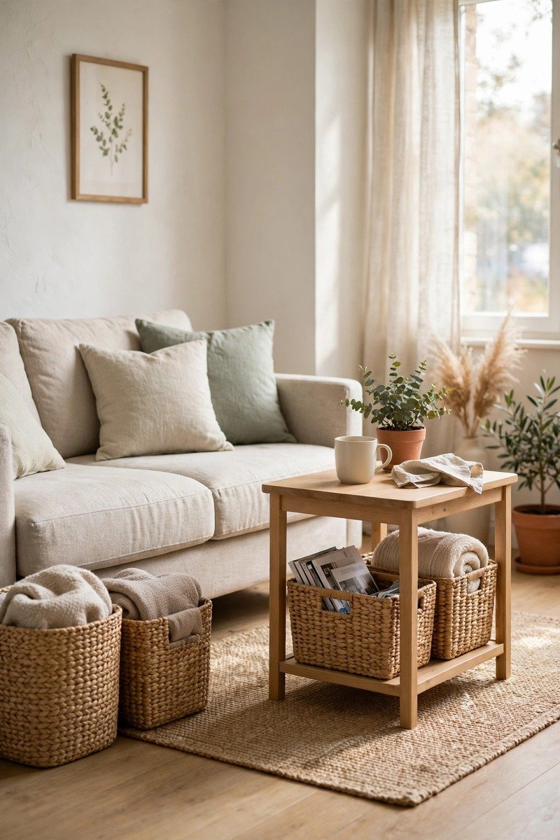 Small living room with baskets hiding everyday clutter