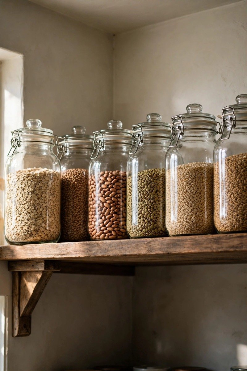 Glass jars of bulk dry goods on a high pantry shelf