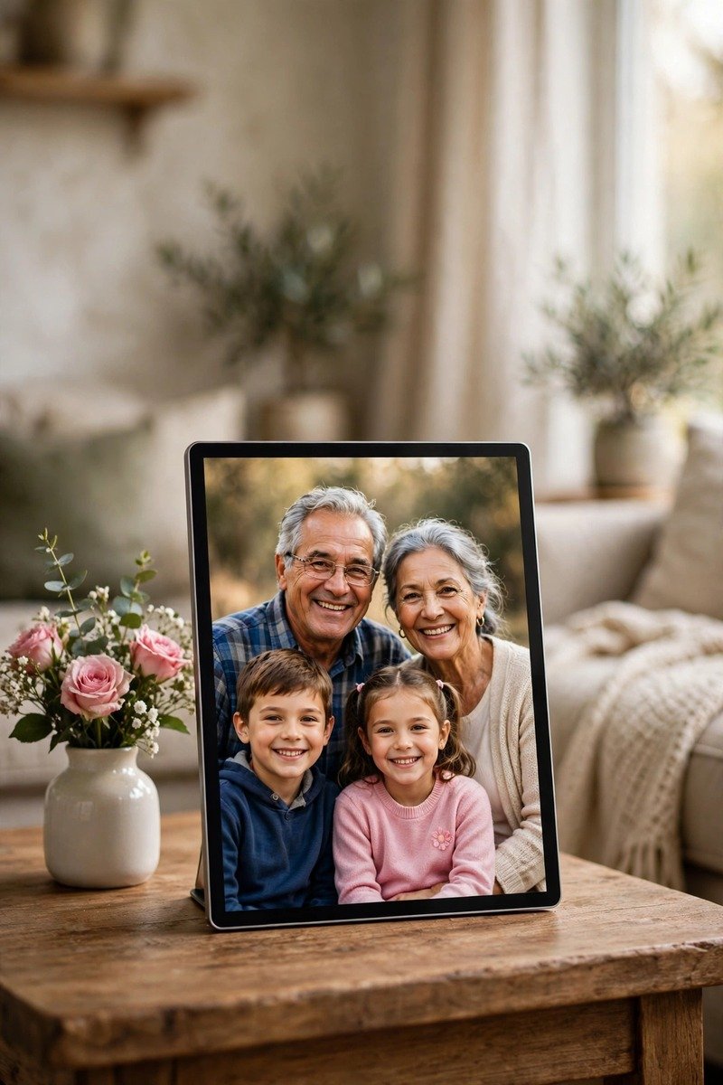 Digital photo frame showing family photos