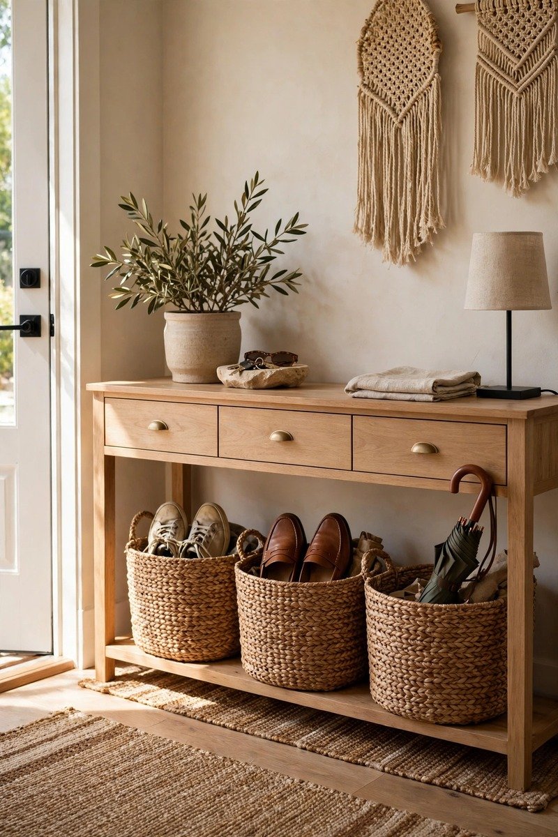Woven baskets under a console table in an entryway