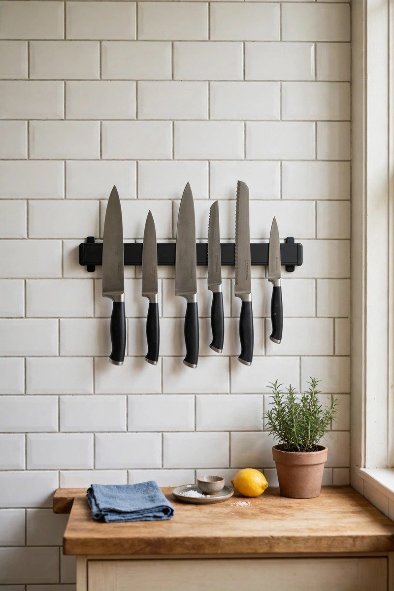 Magnetic knife strip on a kitchen wall