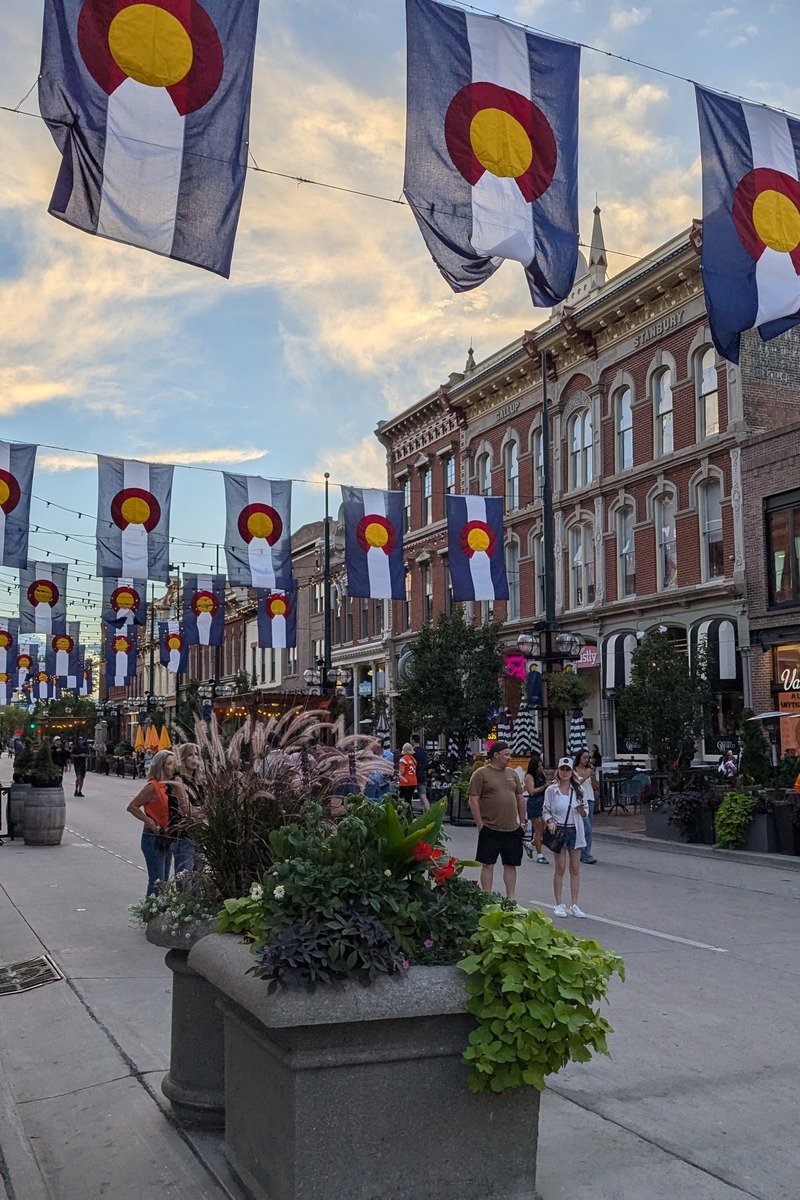 Larimer Square Denver with Colorado flags
