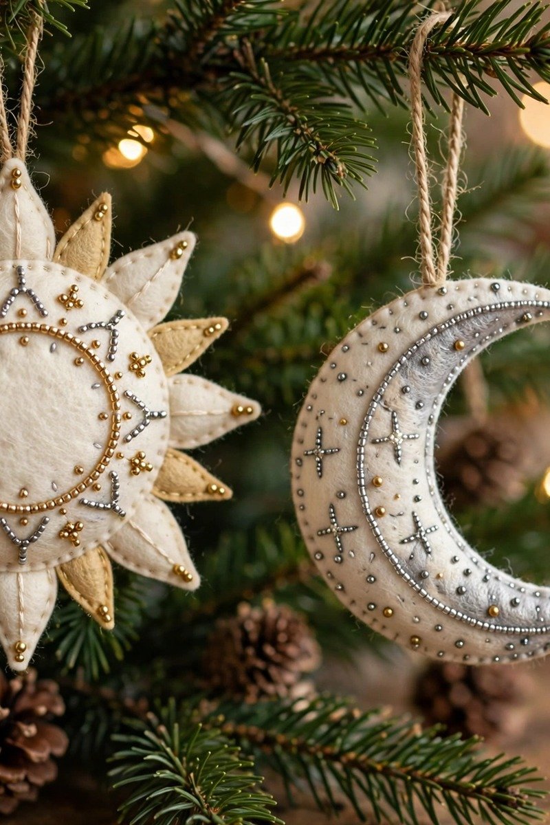 Yule crafts felt sun and moon ornaments