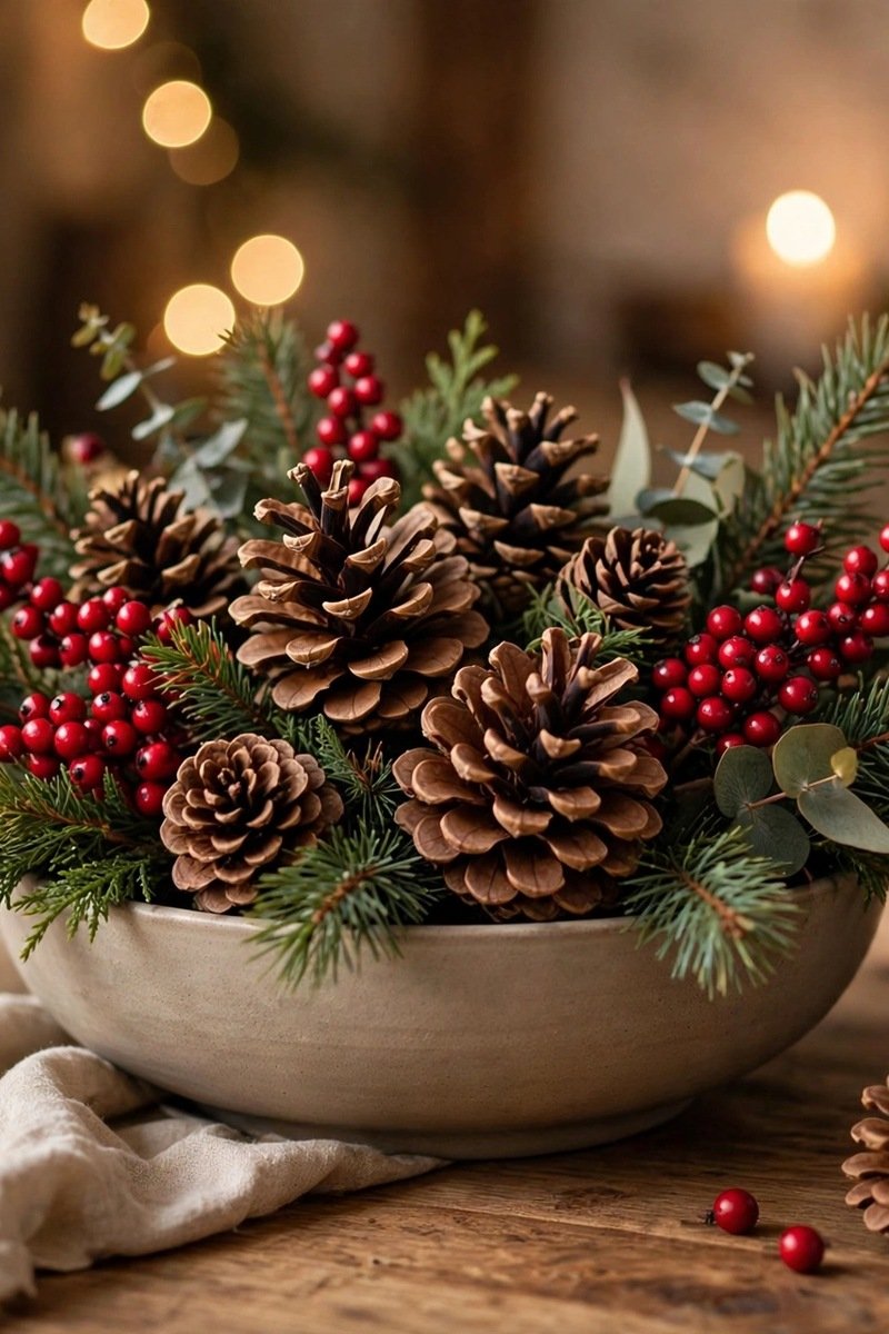 pinecone and berry Christmas table centerpiece