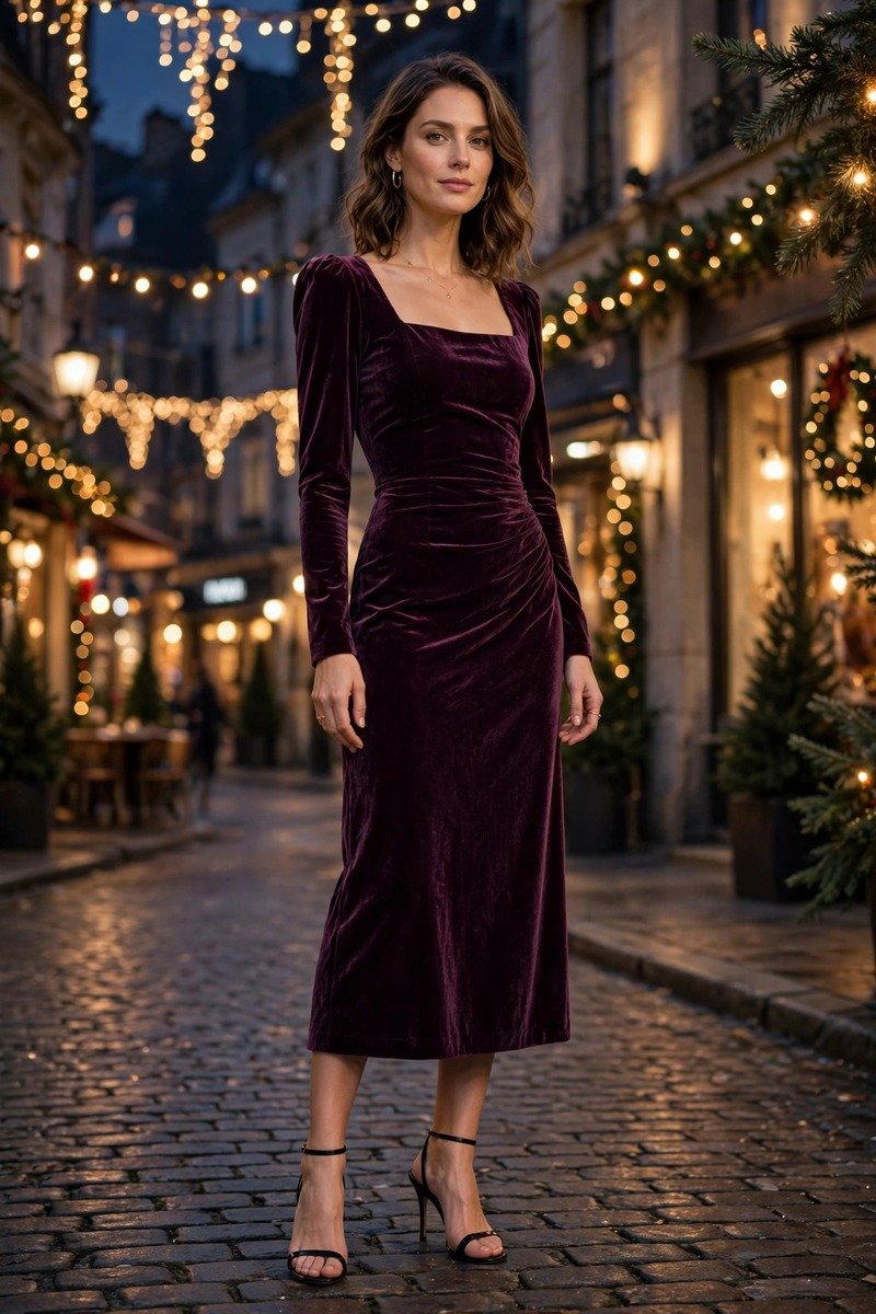 Christmas party outfit velvet midi dress plum green
