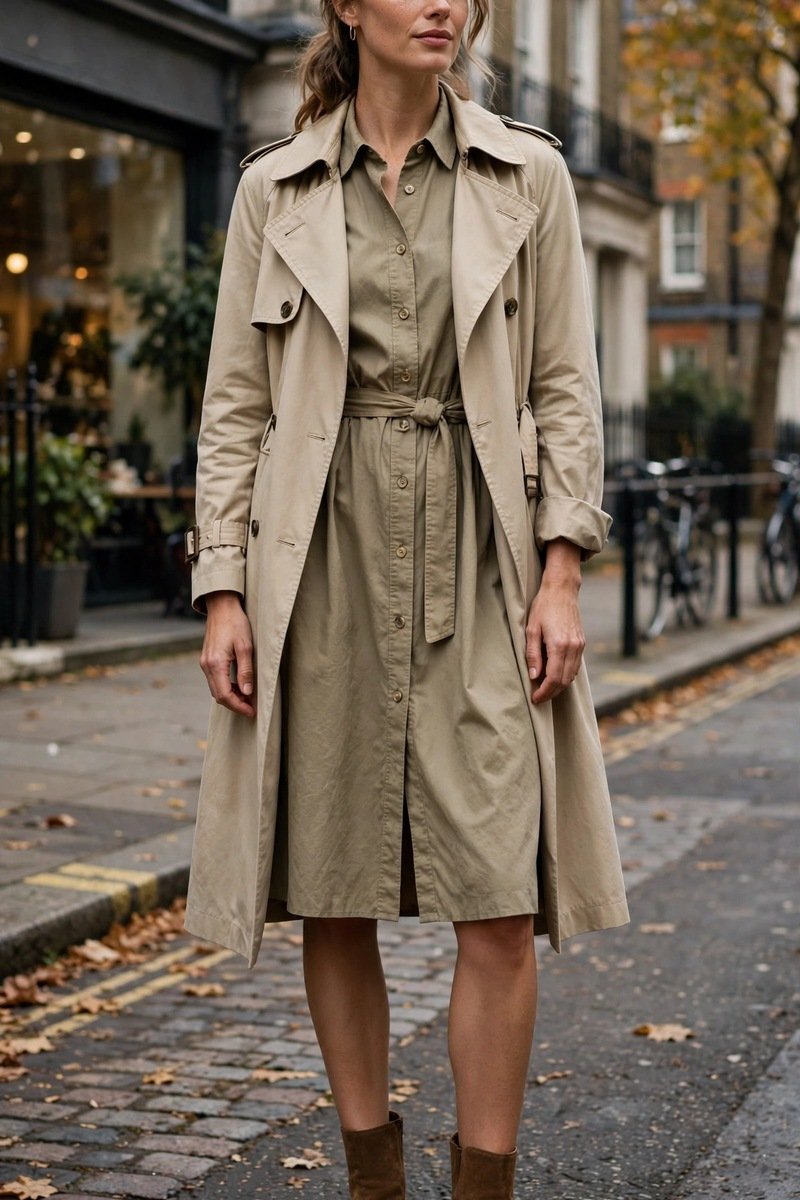belted trench coat over a shirtdress with brown suede ankle boots