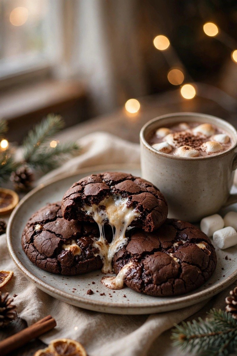 Hot cocoa Christmas cookies with gooey marshmallow centers