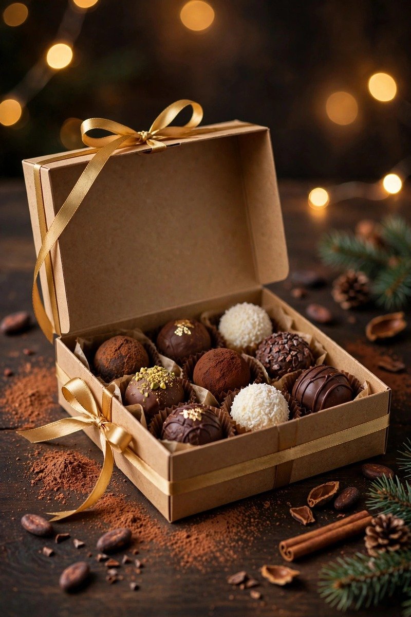 Chocolate truffle box with gold ribbon