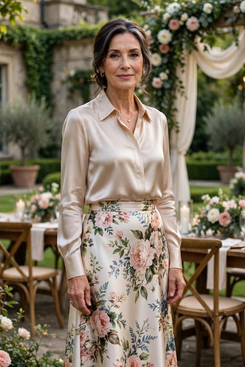 Midi skirt and silk blouse wedding outfit