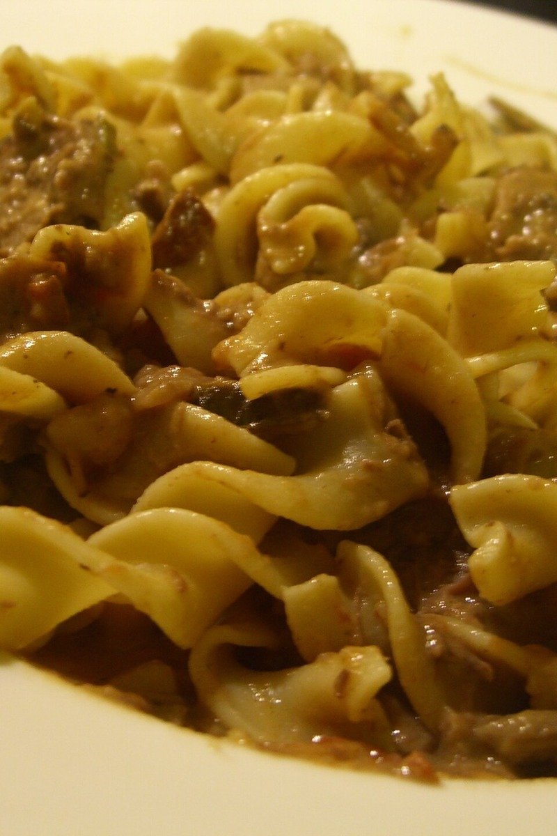 Beef stroganoff over egg noodles