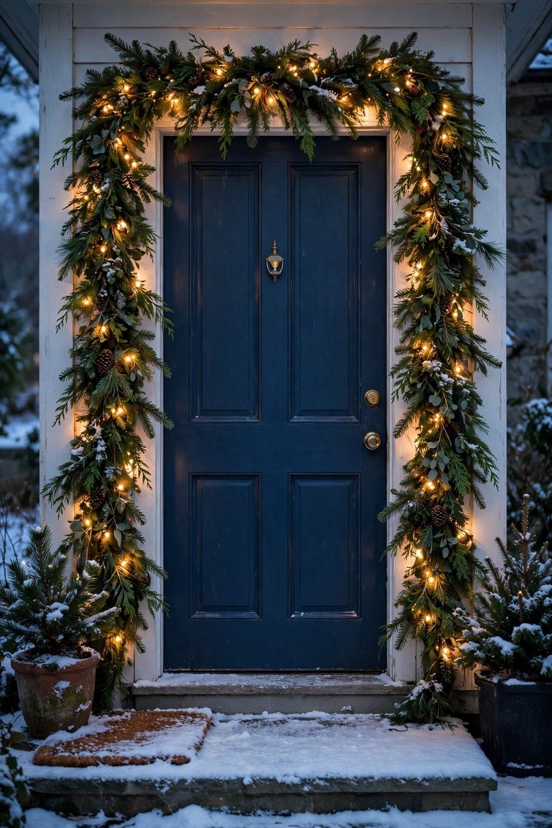 Lighted garland around a front door frame