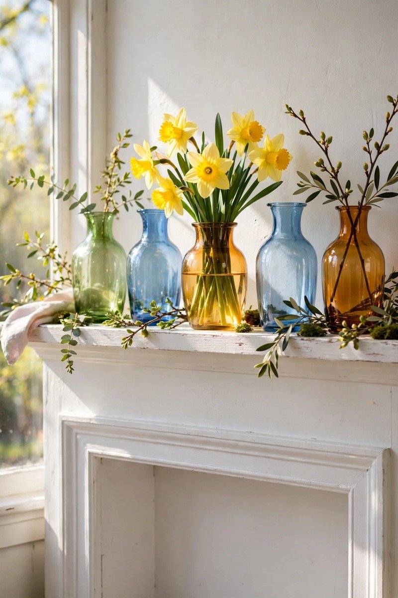 Coloured glass vases on a spring mantel