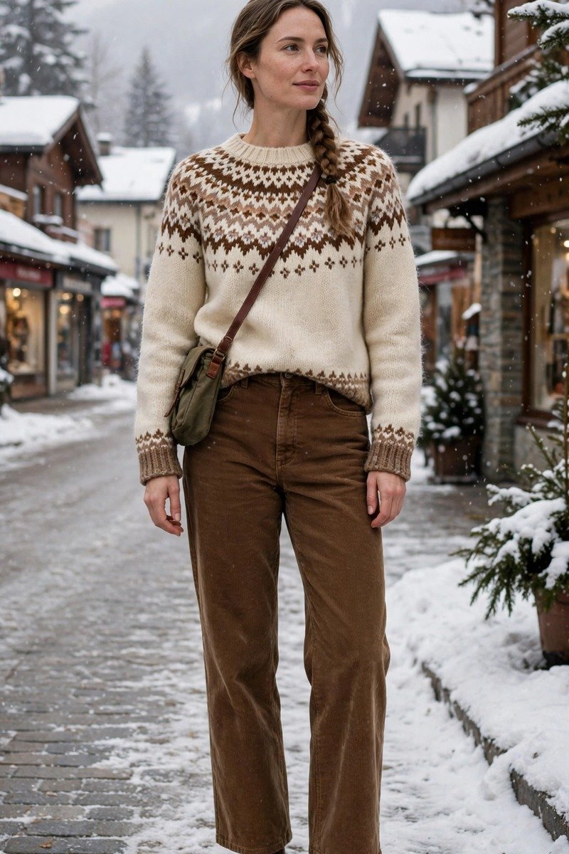 Brown corduroy trousers with a fair isle sweater