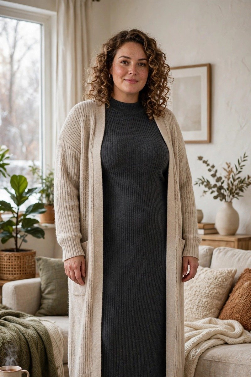 Ribbed knit maxi dress with a long cardigan