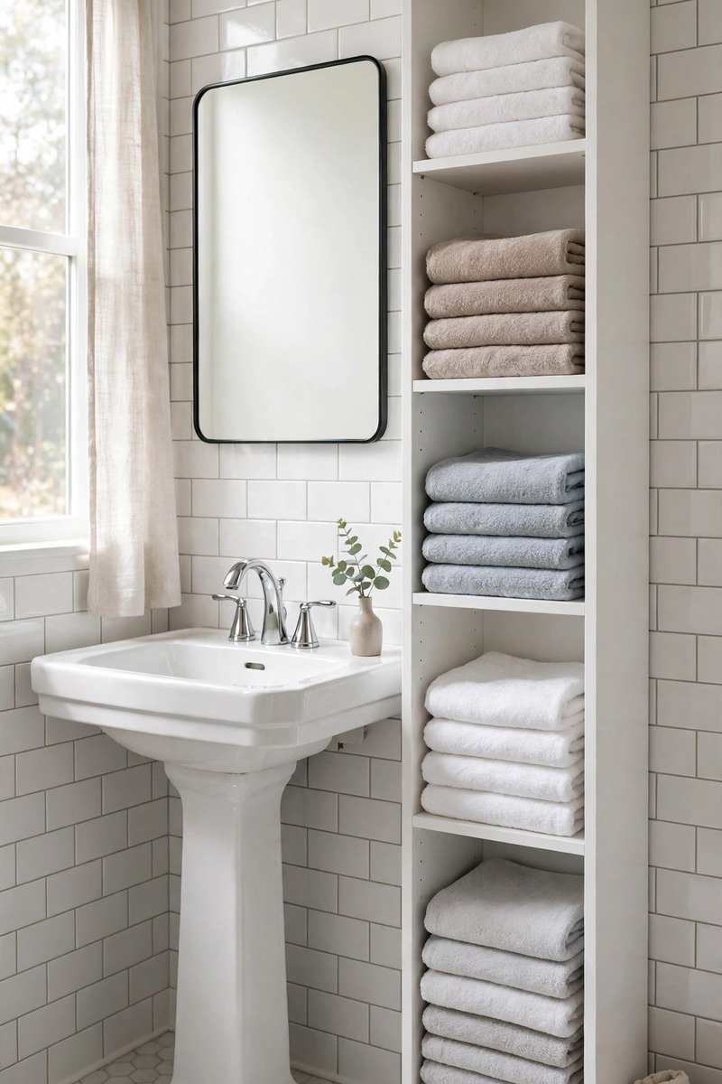Tall narrow towel storage tower beside a sink