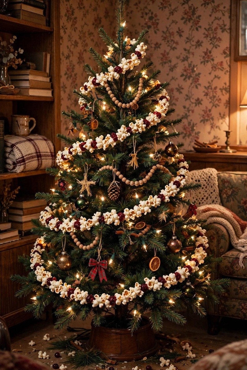 Popcorn and cranberry garland on tree