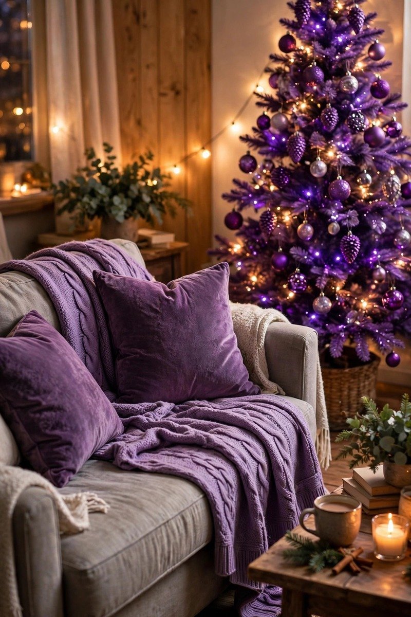 Living room sofa with purple throw pillows and a cozy violet blanket, Christmas tree nearby