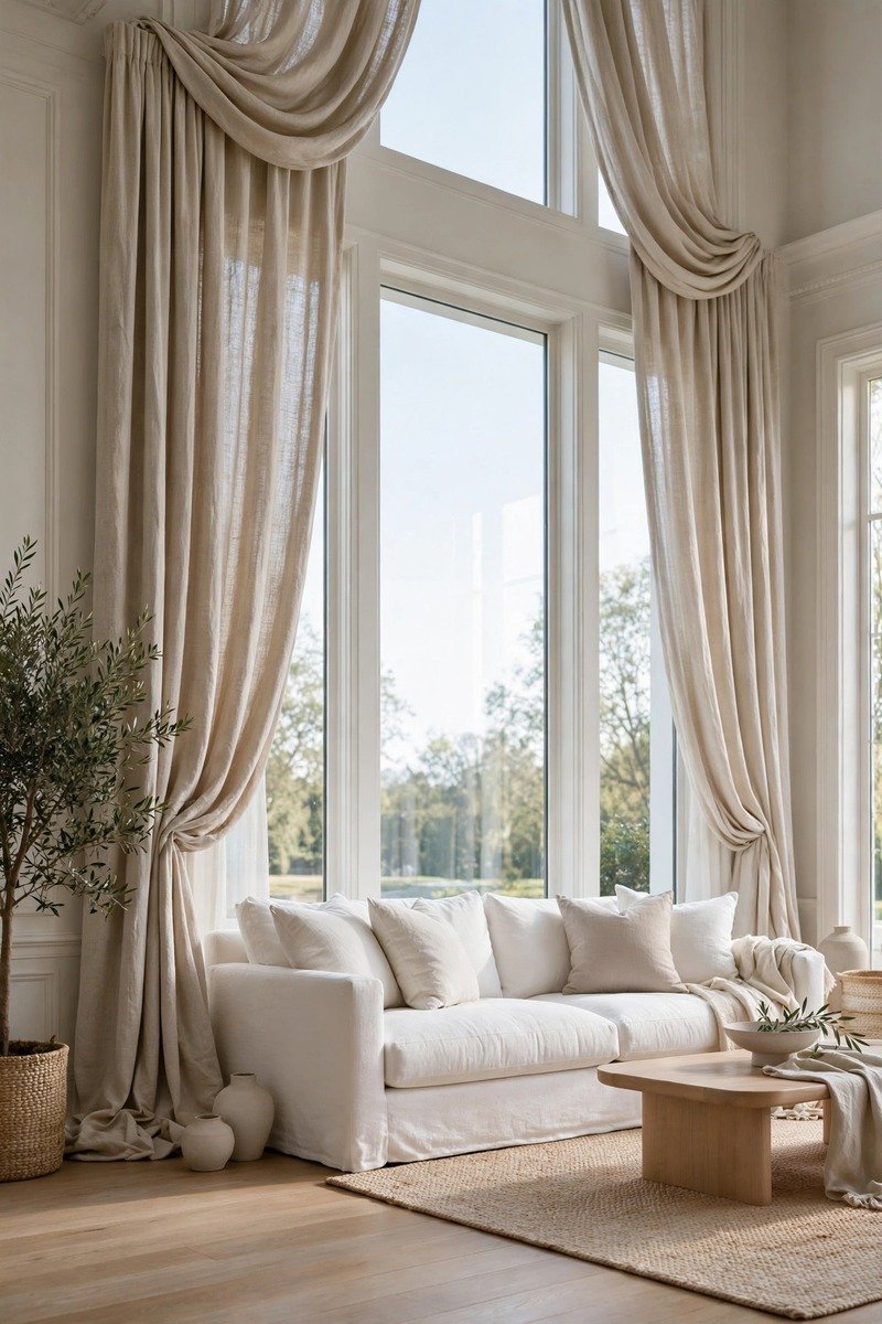 Living room with floor-to-ceiling linen curtains framing tall windows