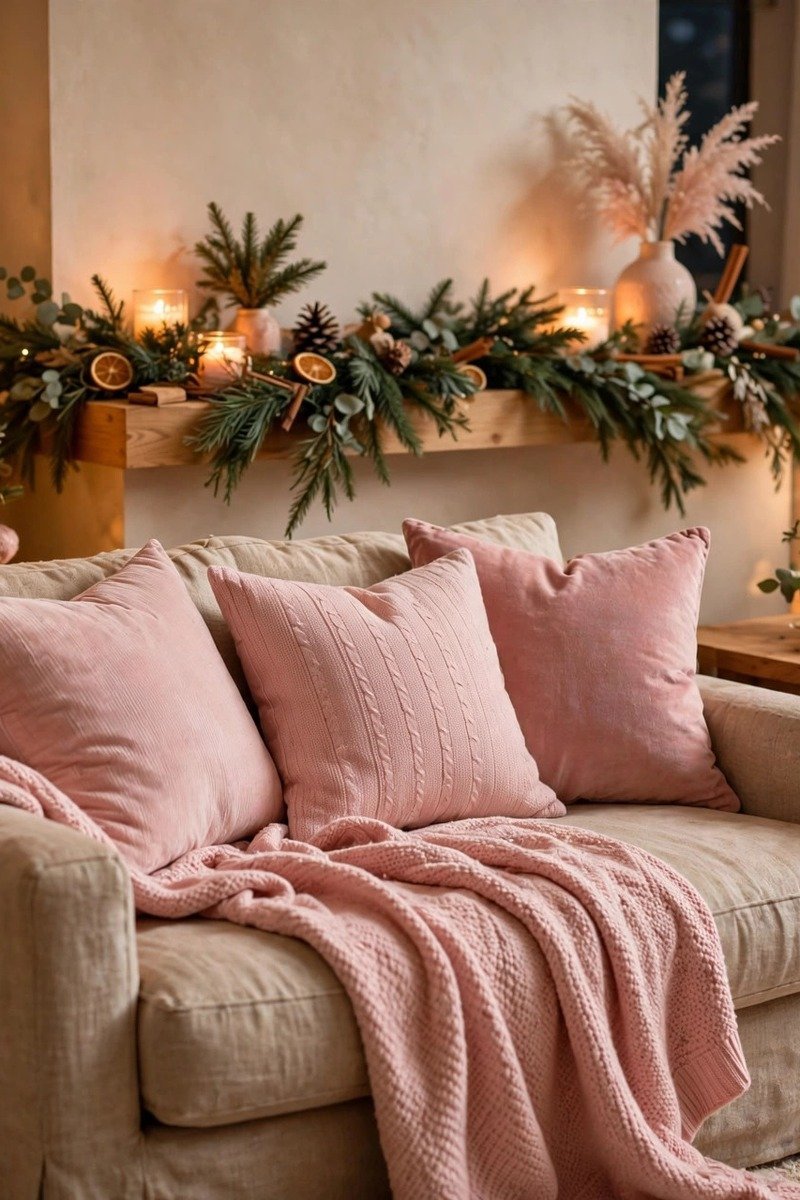 Cozy sofa with pink throw pillows and a soft pink blanket, Christmas decor around