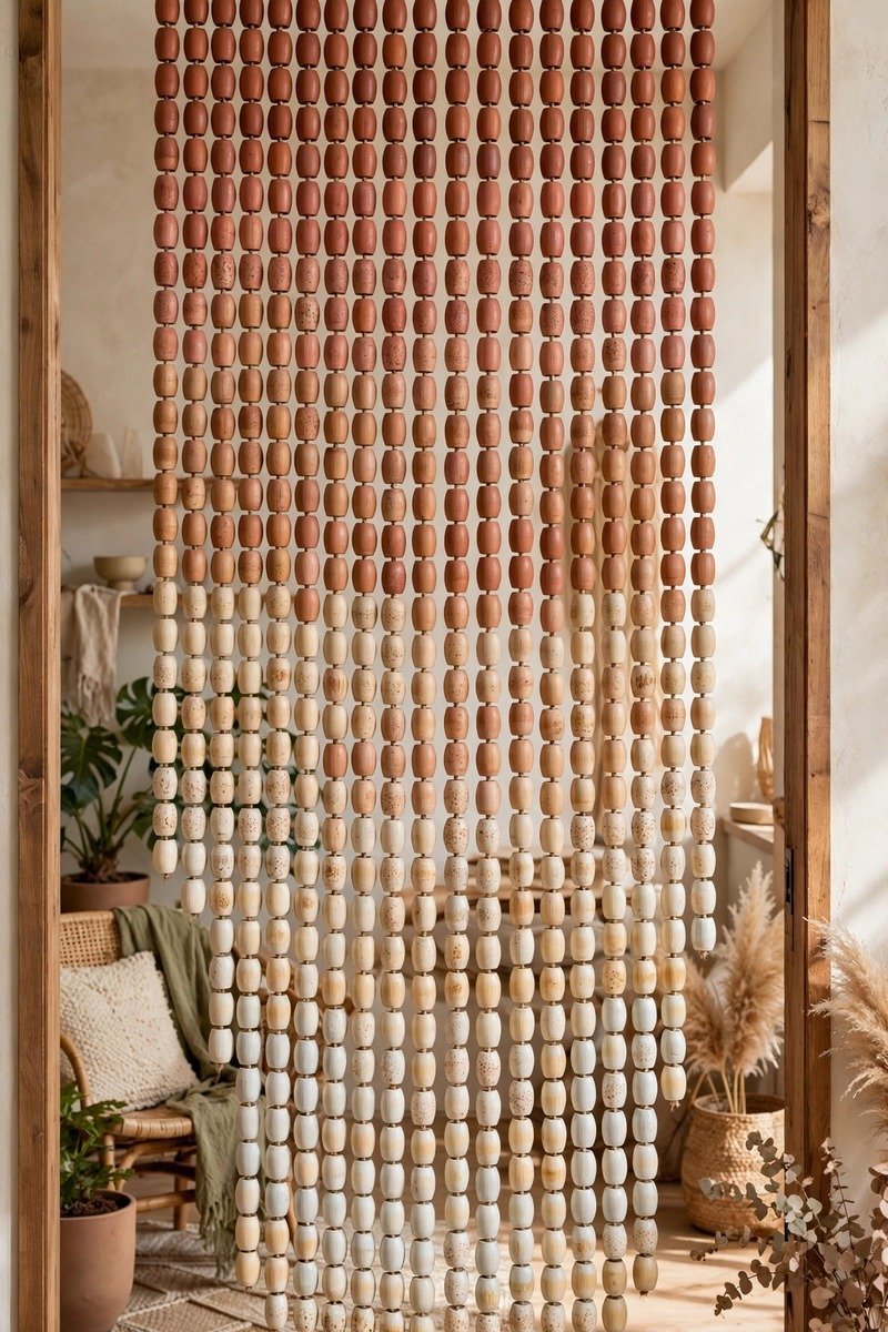 Bamboo beaded curtain with painted ombre effect fading from natural to teal