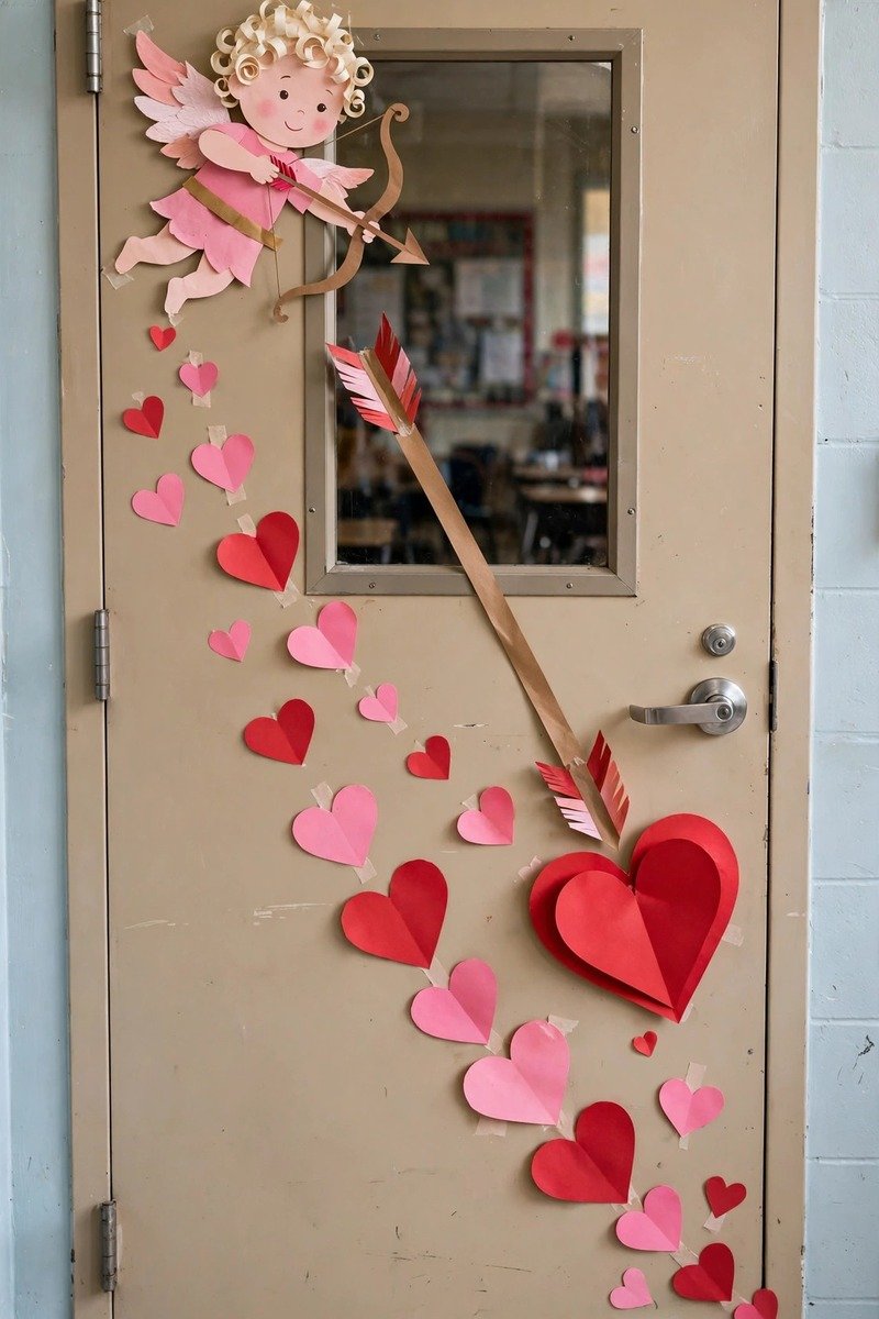 Classroom door with cupid shooting a heart-tipped arrow