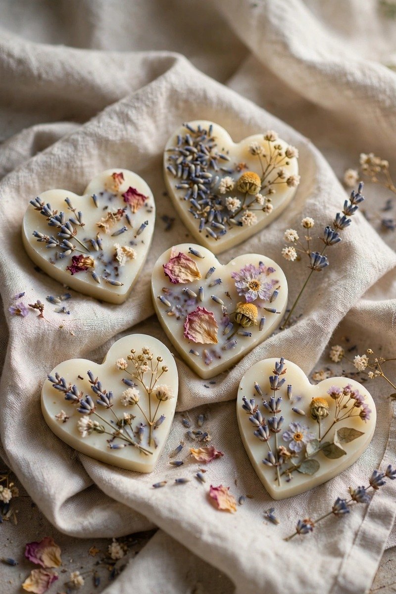 Scented wax sachet hearts with dried flowers
