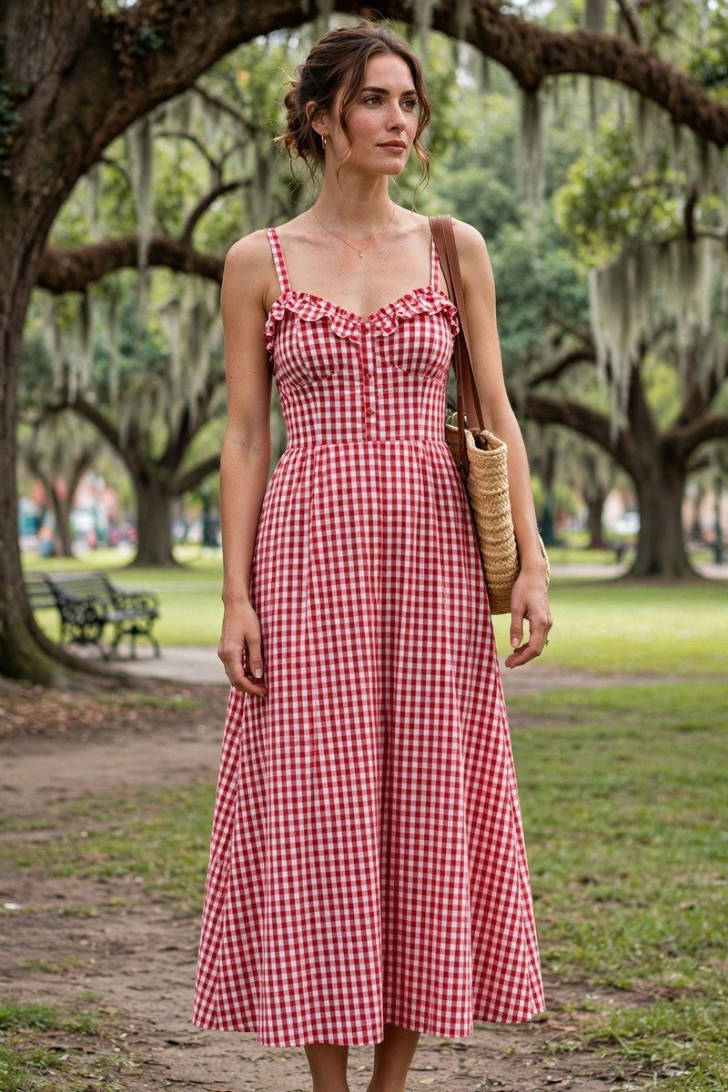 Woman in a red gingham sundress in a park