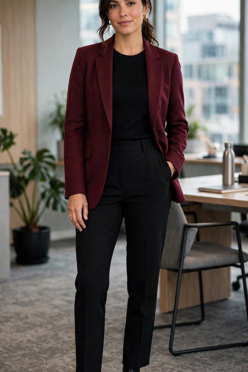 Woman in burgundy blazer with black top