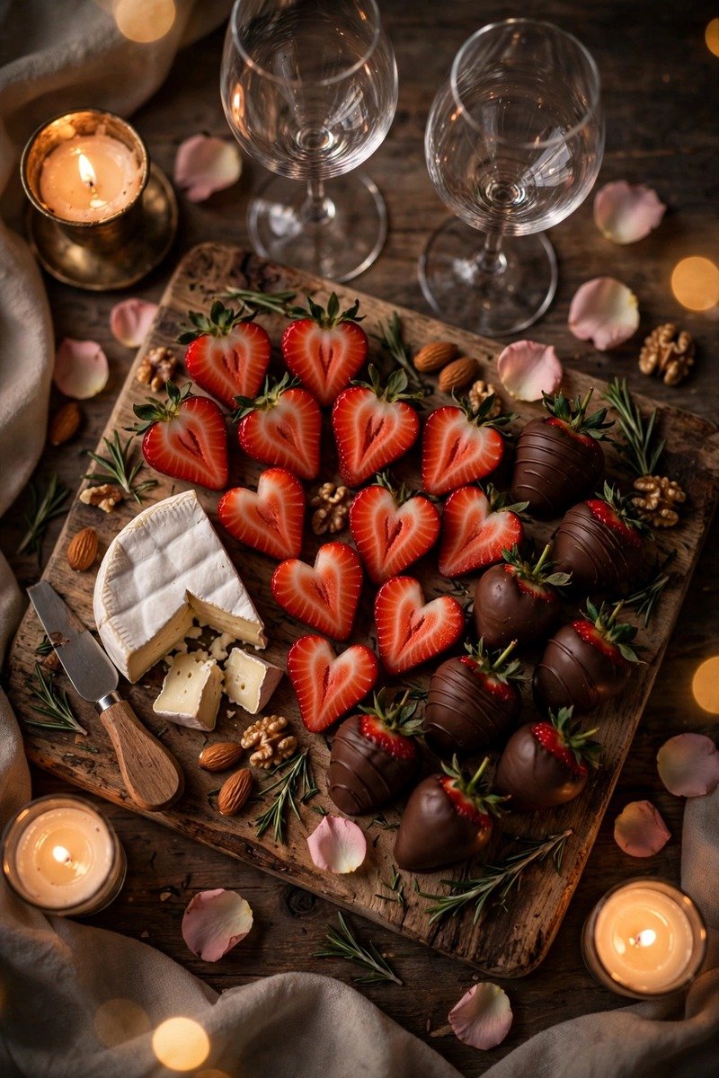 Romantic charcuterie board for two with strawberries