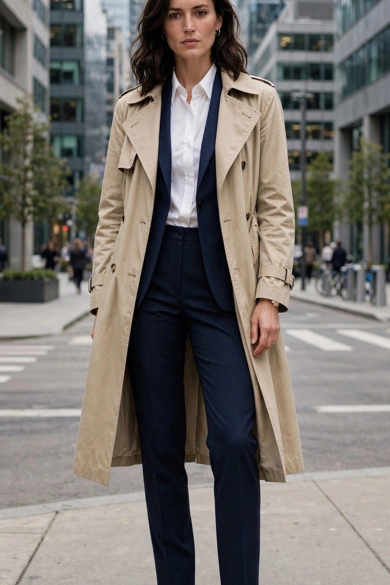 Woman in trench coat over tailored suit