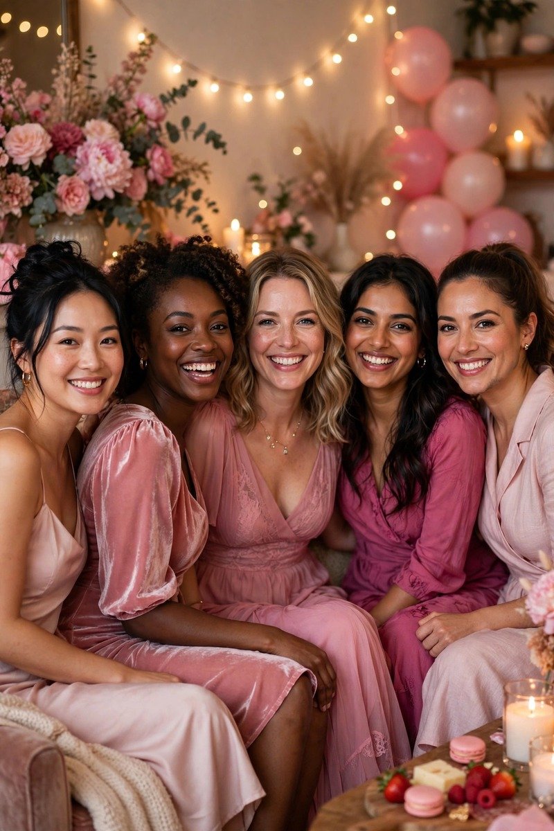 Group of friends in shades of pink dresses