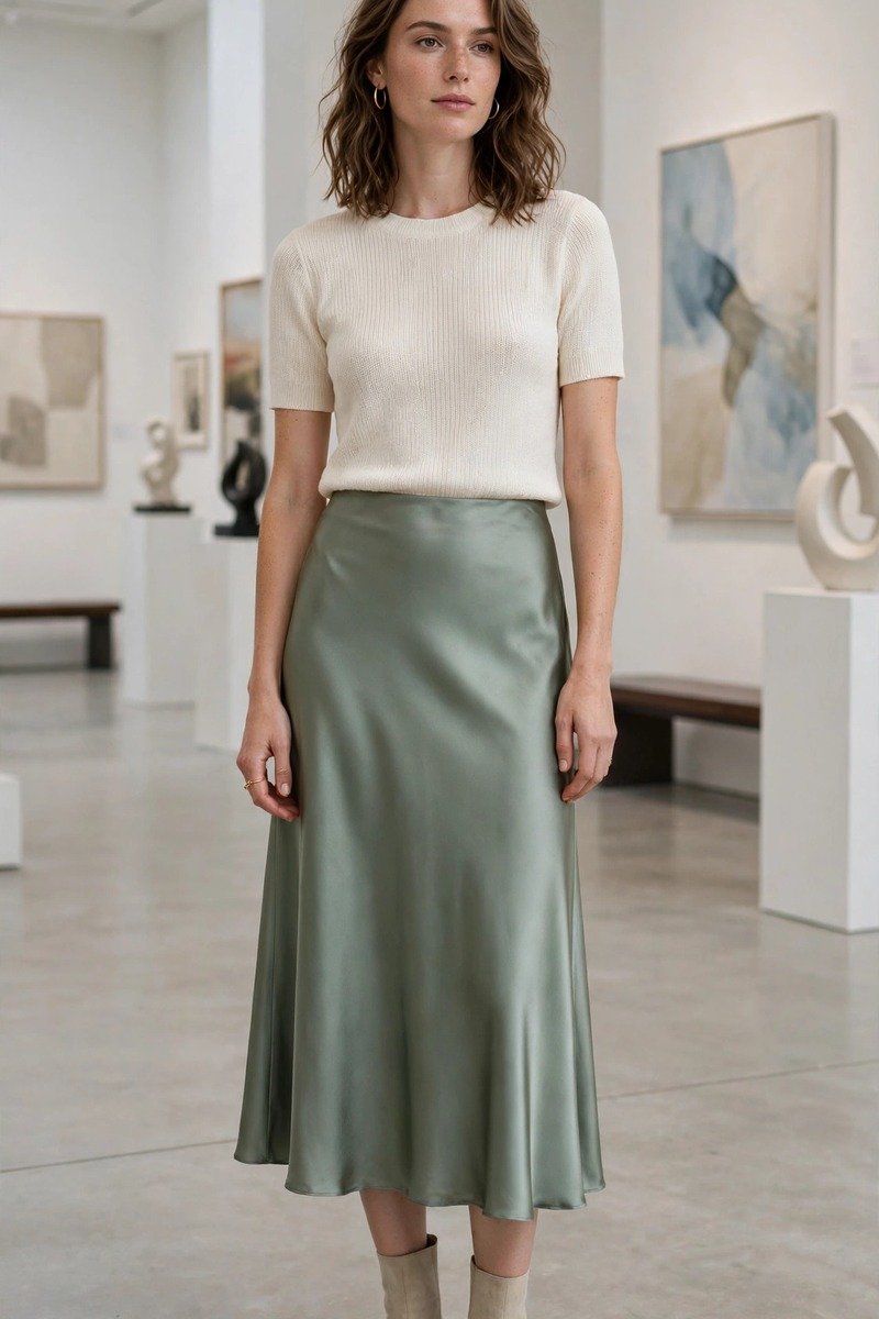 Woman in satin midi skirt and knit top in a gallery