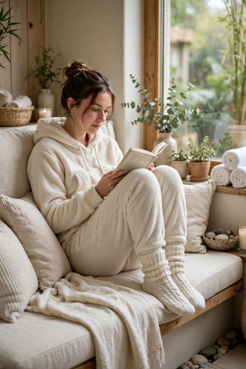 Woman in fleece lounge set at a spa