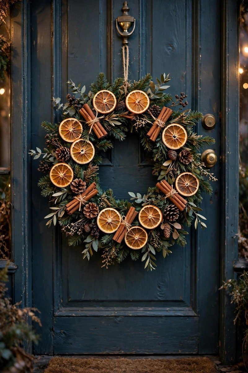 Christmas wreath decorated with dried orange slices and cinnamon
