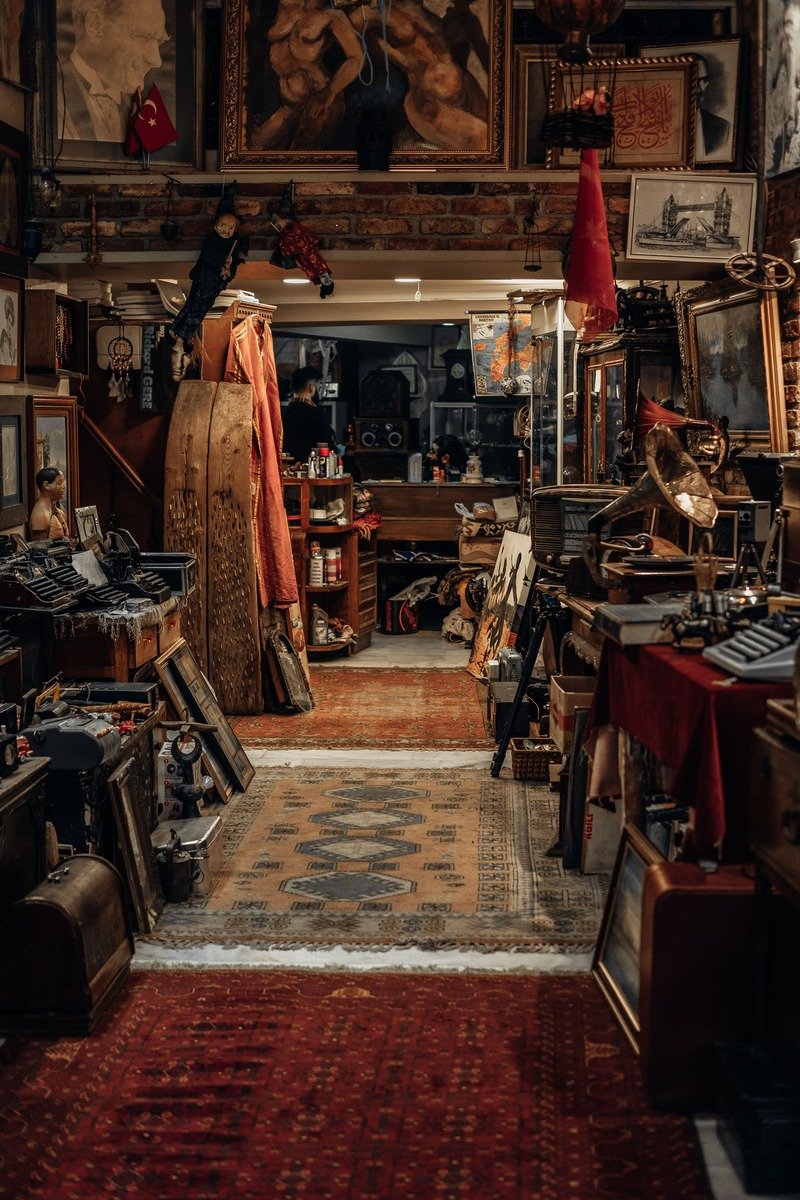 Antique shop shelves with vintage treasures in downtown Gainesville