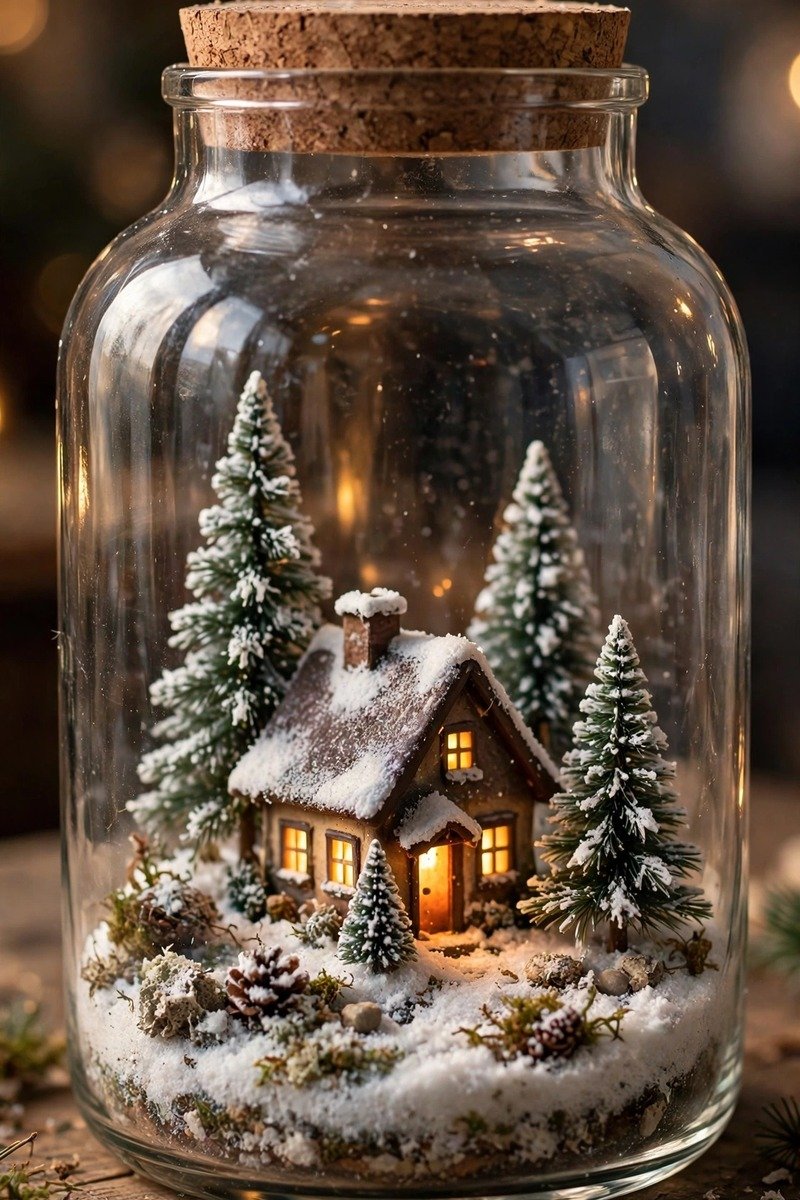 Tiny Christmas village scene inside a glass terrarium