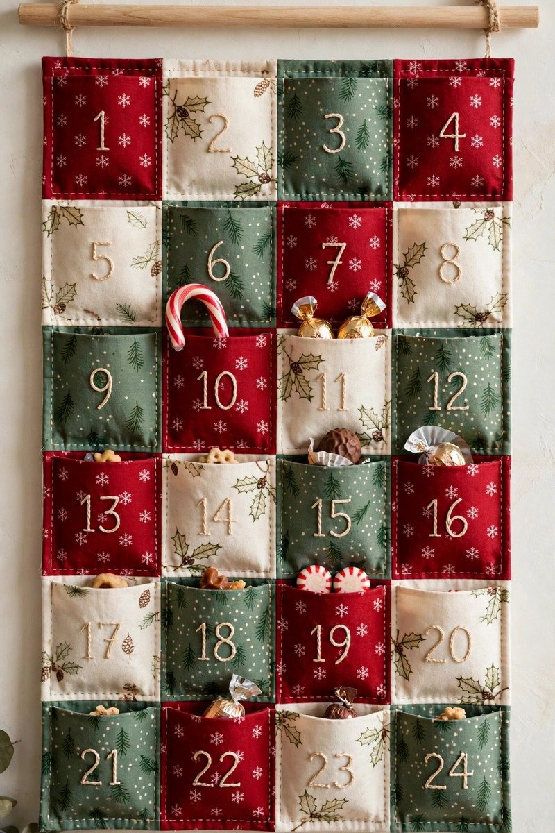 Quilted fabric pocket advent calendar wall hanging