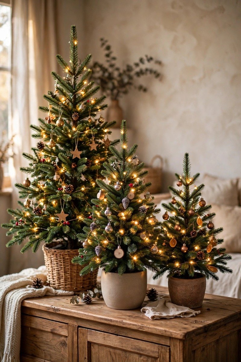 Three mini Christmas trees grouped on a wooden sideboard