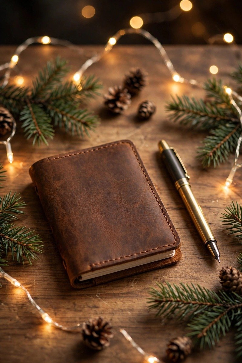 Small pocket journal with leather cover and pen