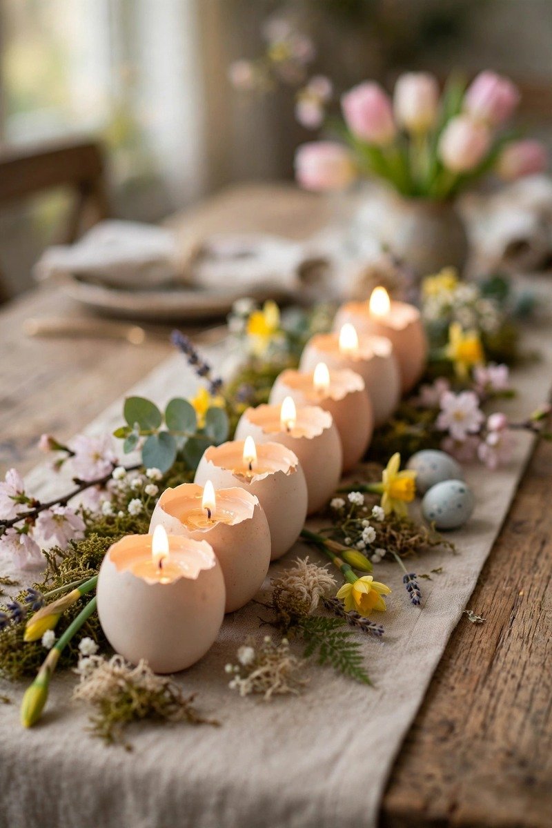 Eggshell votive candles in a row on a table