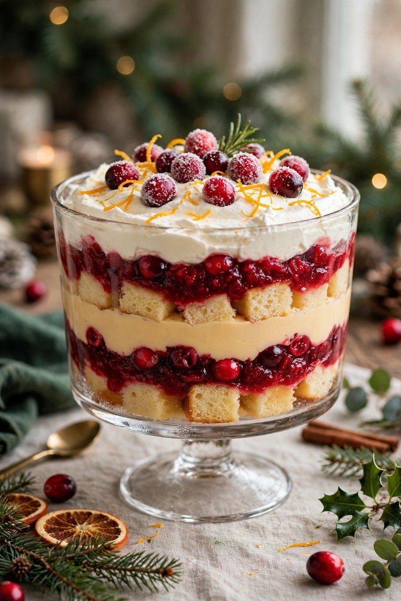 Cranberry orange trifle in a glass bowl
