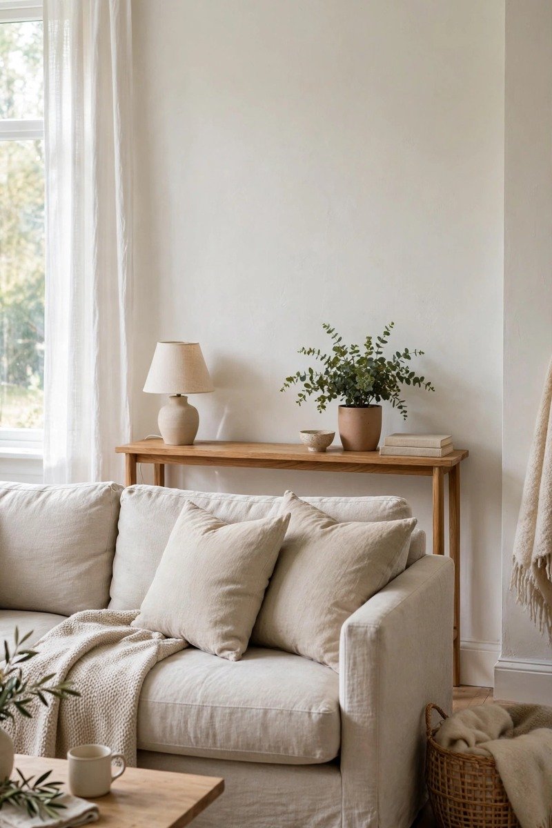 Small living room with a slim console table behind the sofa