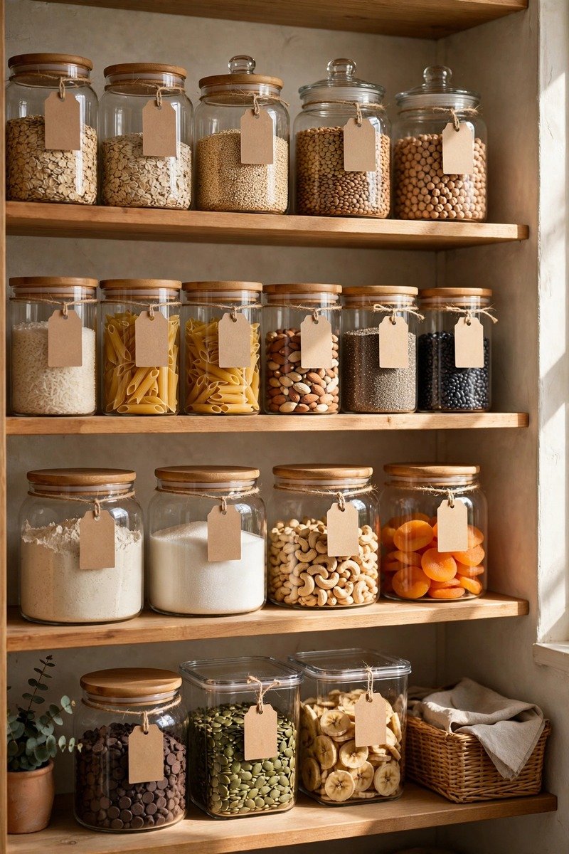 Labeled containers on an organized pantry shelf