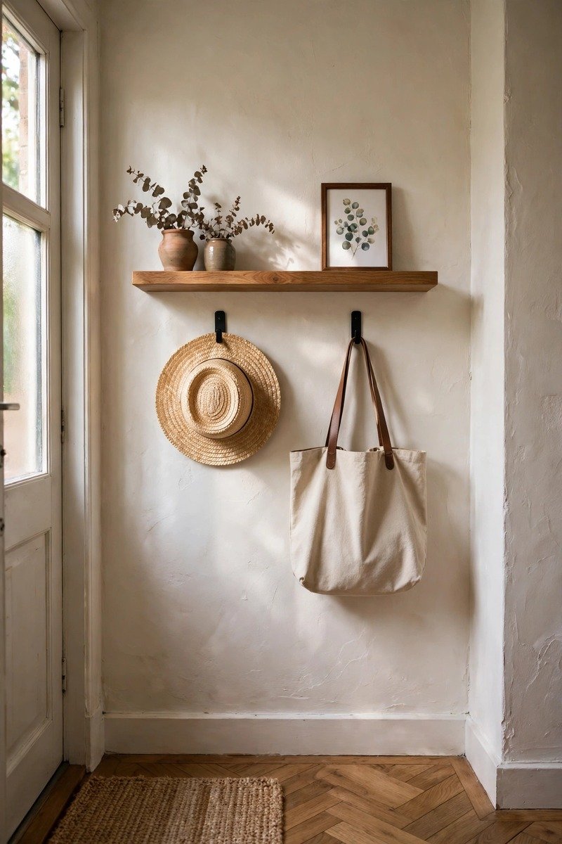 Floating shelf with hooks in a small entryway