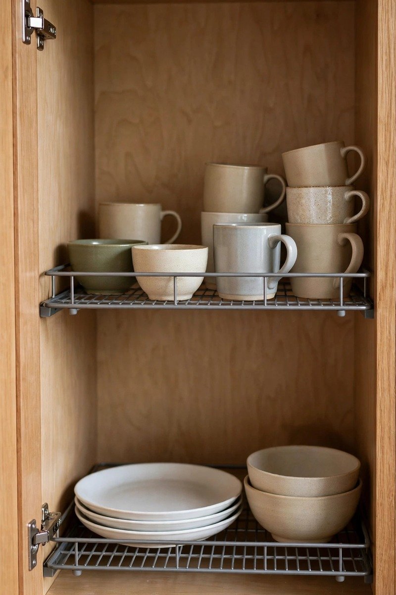 Shelf risers inside a kitchen cabinet
