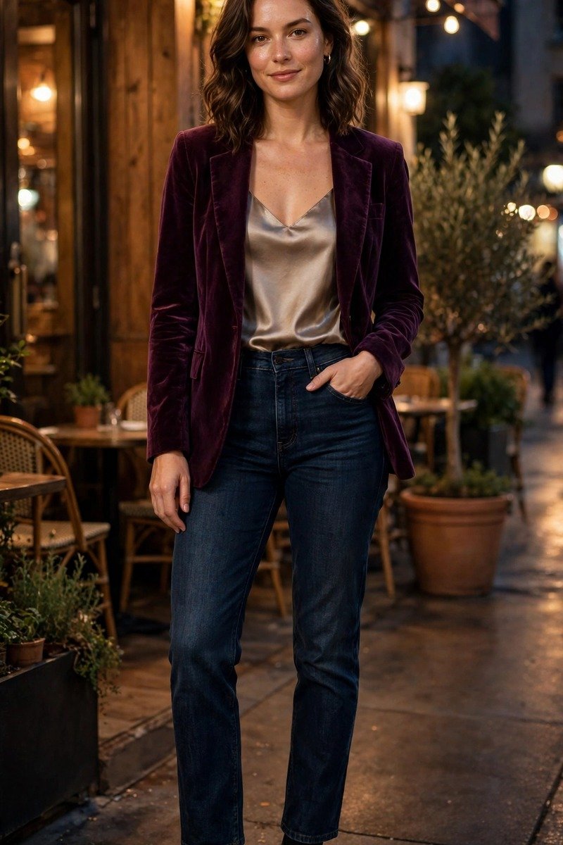 Dark denim jeans with a velvet blazer
