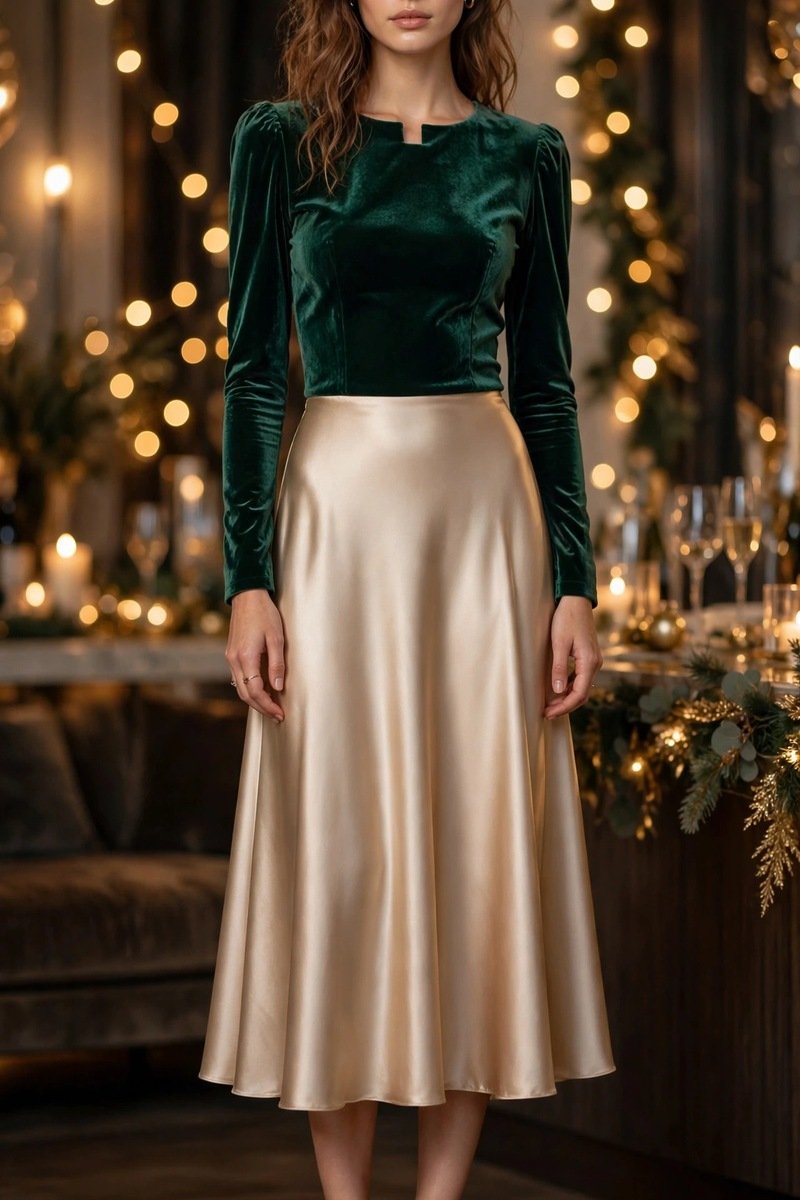 emerald velvet top with satin skirt New Year's Eve outfit