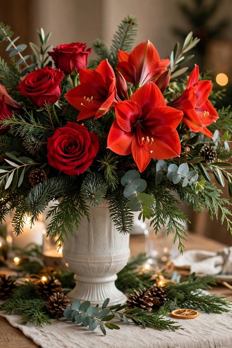 floral Christmas table centerpiece with red blooms