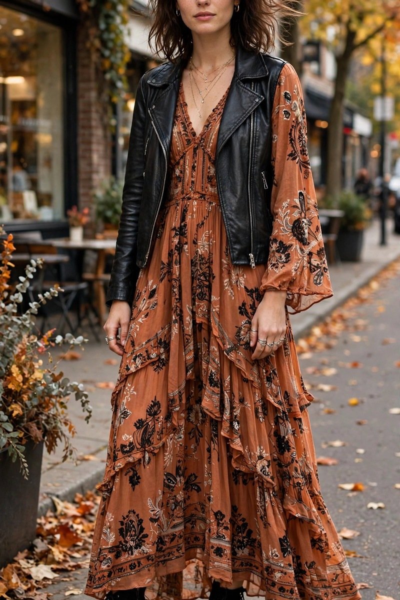 printed maxi dress with a leather jacket and brown suede ankle boots