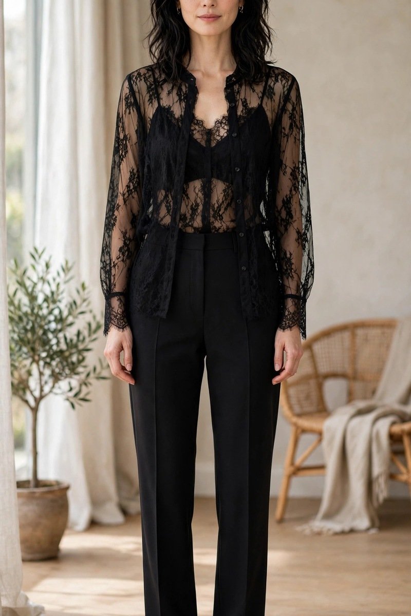 sheer black lace blouse layered outfit
